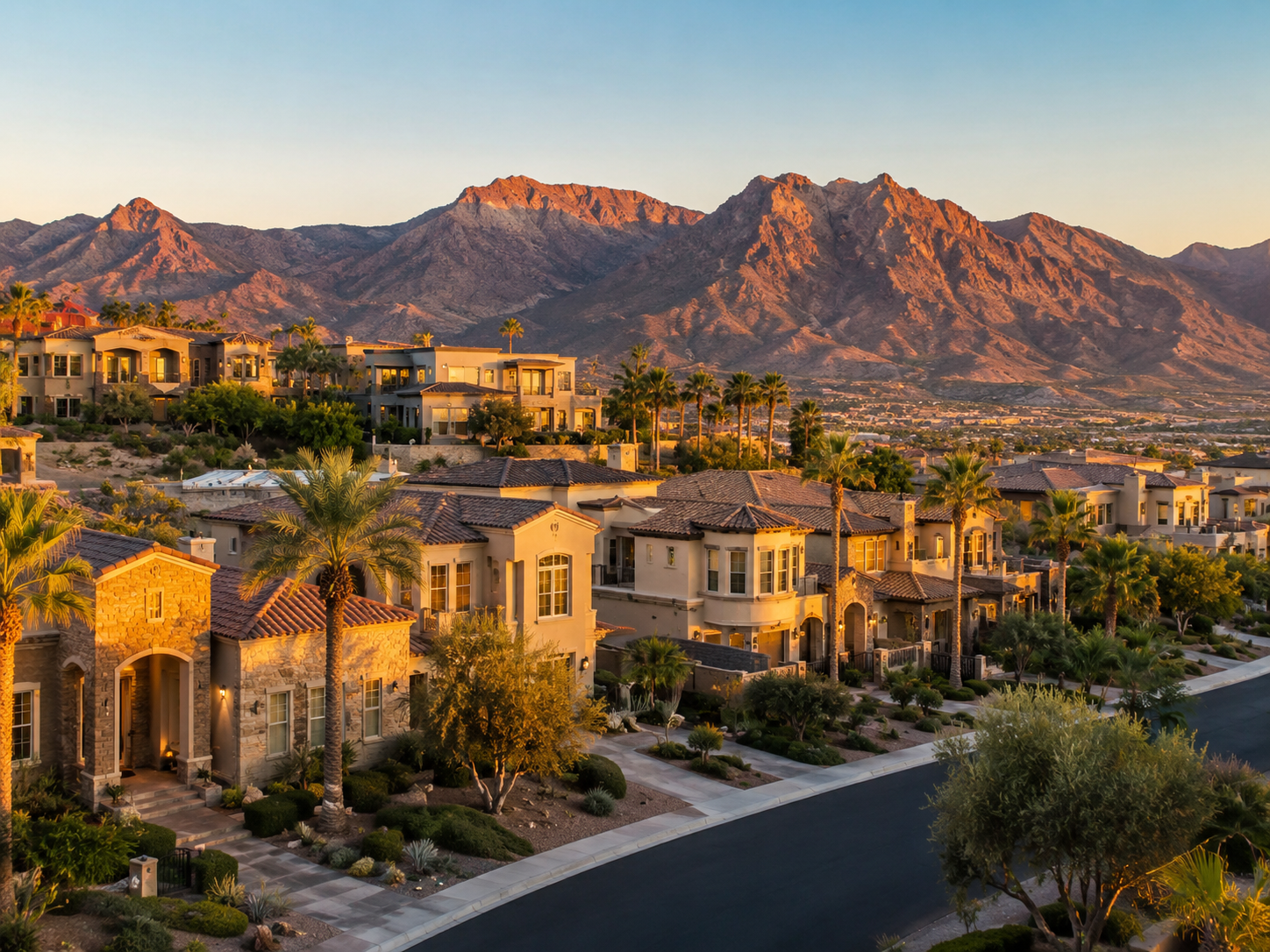 Henderson hillside luxury homes with mountain backdrop at golden hour