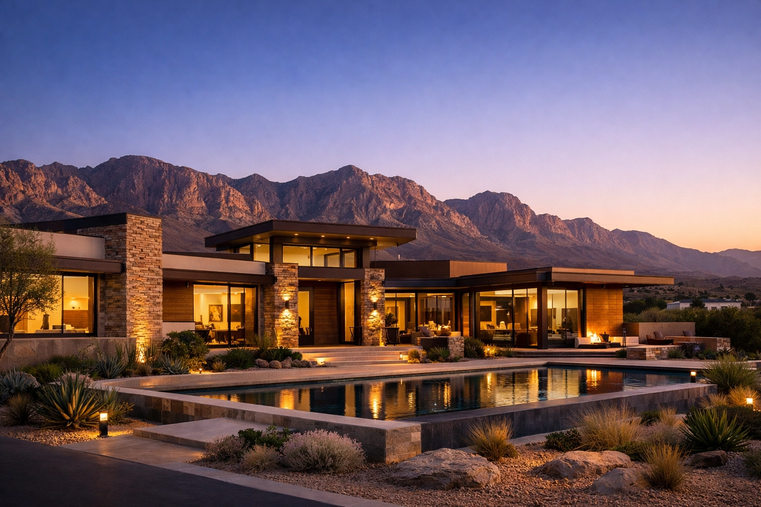 Luxury modern living room with mountain views and linear fireplace