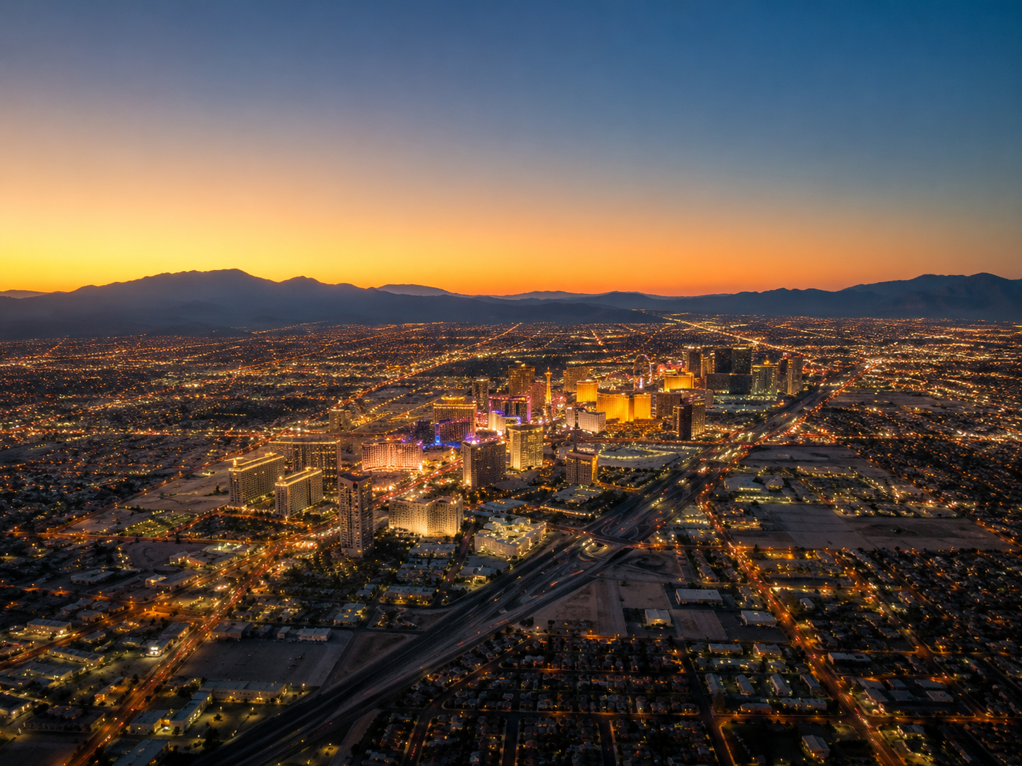 Dramatic aerial view of the Las Vegas valley at dusk with city lights