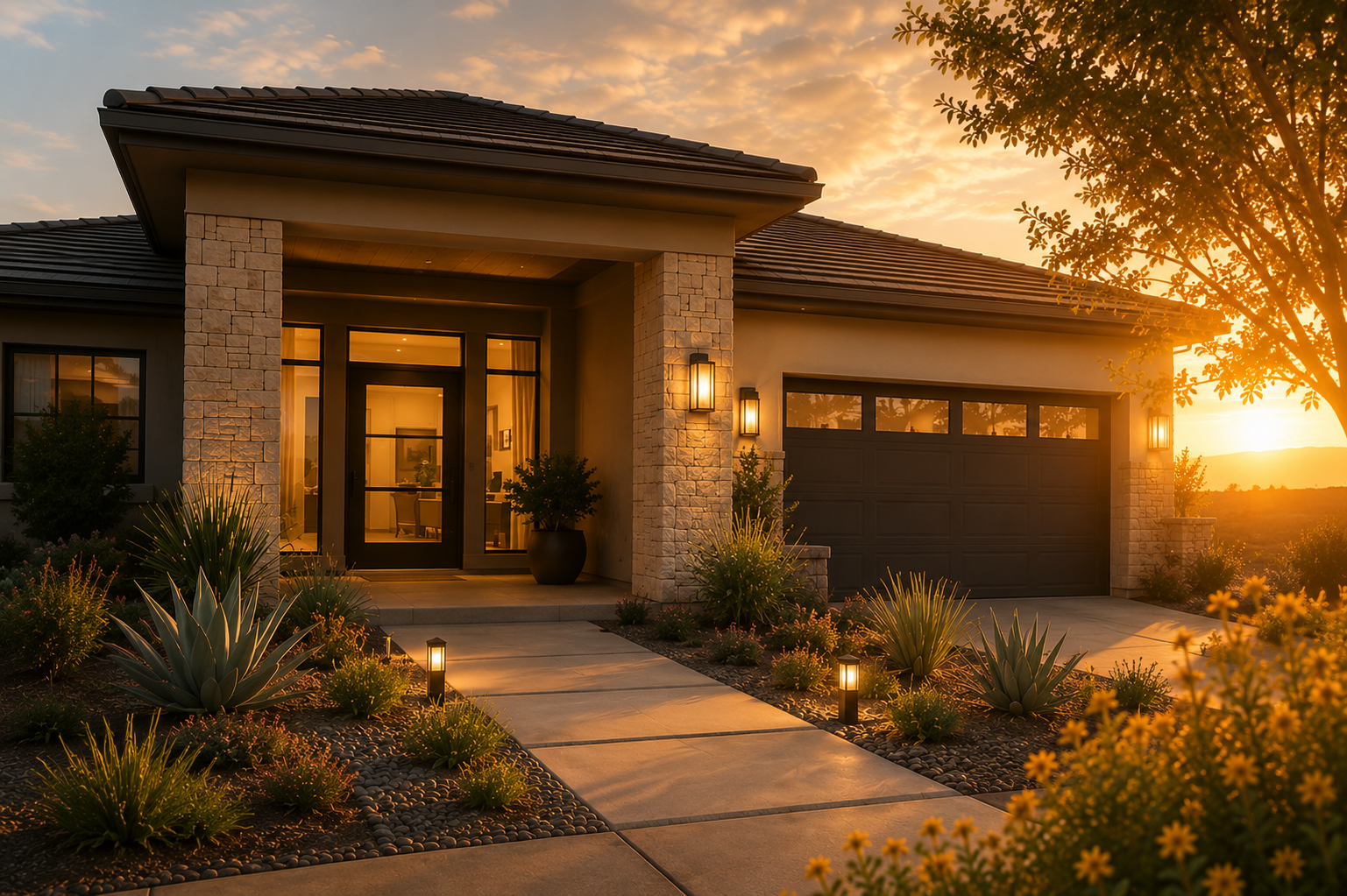 New construction model home entrance at golden hour.