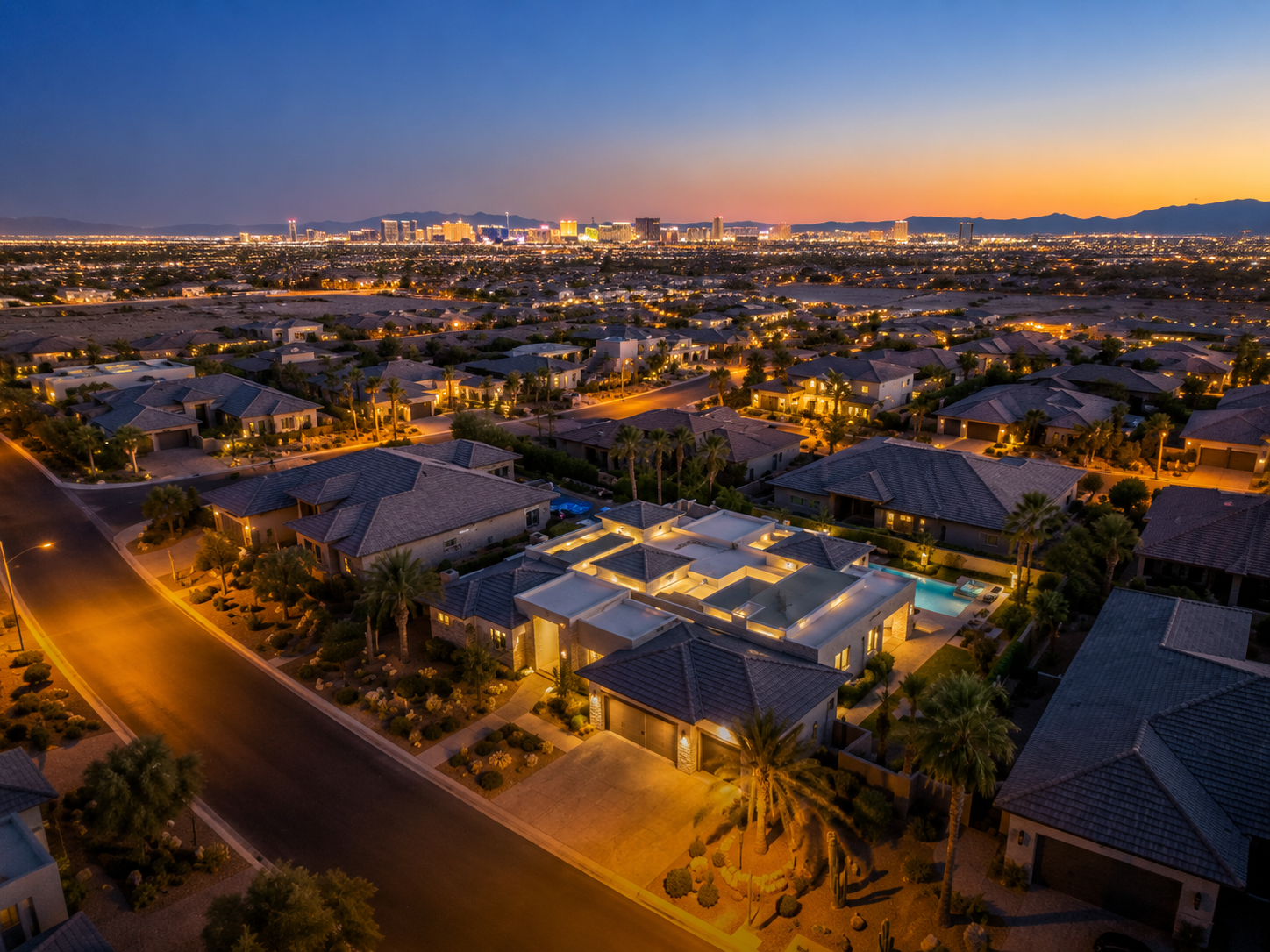 Aerial view of luxury Las Vegas residential neighborhood at twilight